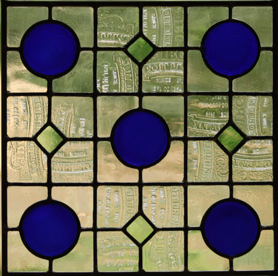 recycled bottle glass leaded stained glass window panel shown in two sizes