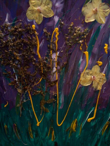 orchid flowers preserved on canvas with purple and green paint