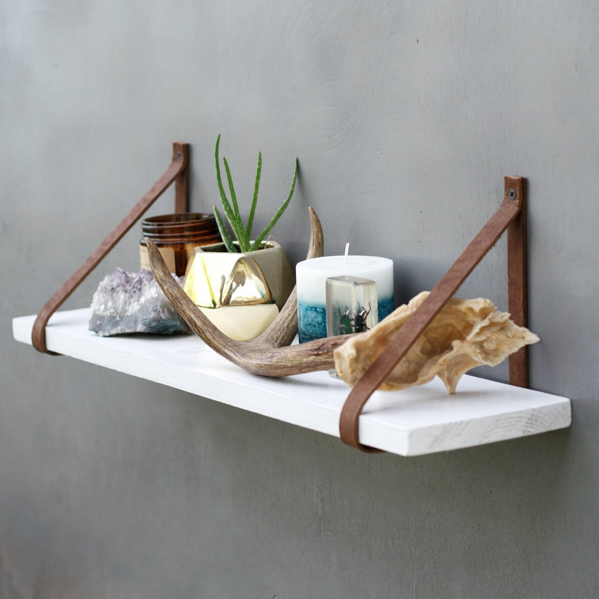 White Floating Shelves With Leather Strap
