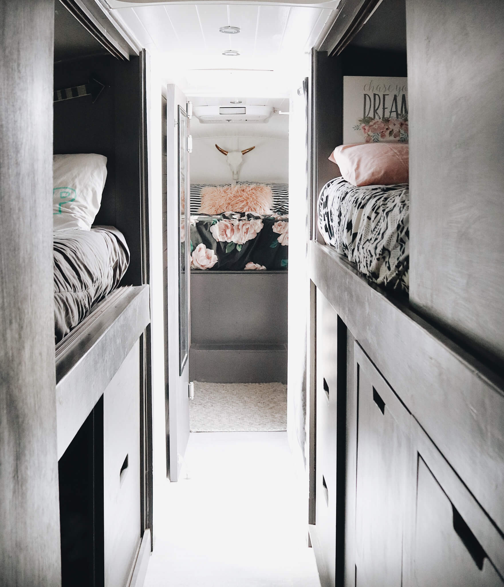 bunk beds in converted school bus