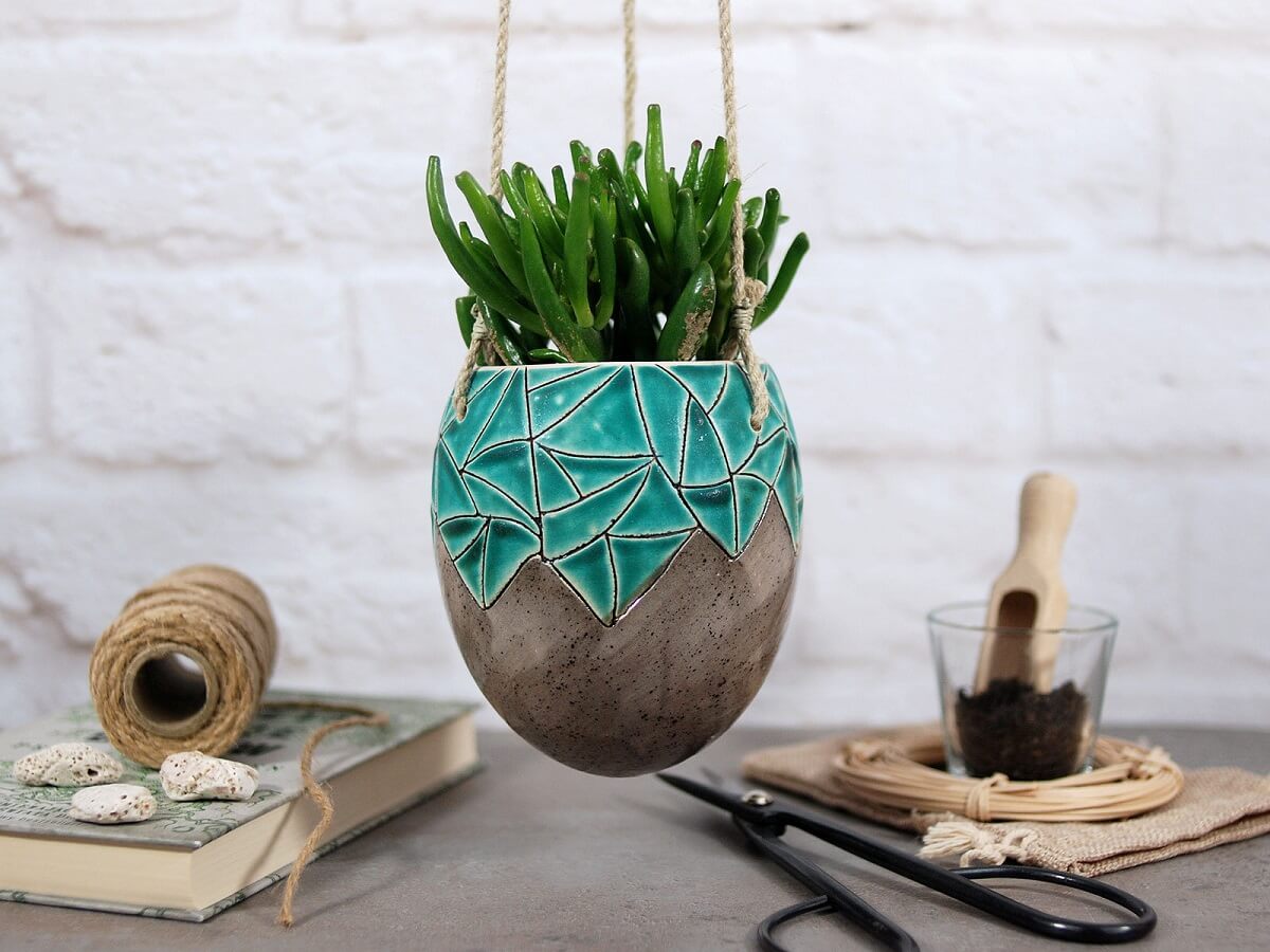 Cermaic Hanging Planter With Geometric Details