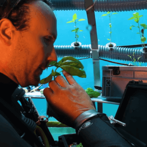 man collecting basil from underwater herb garden