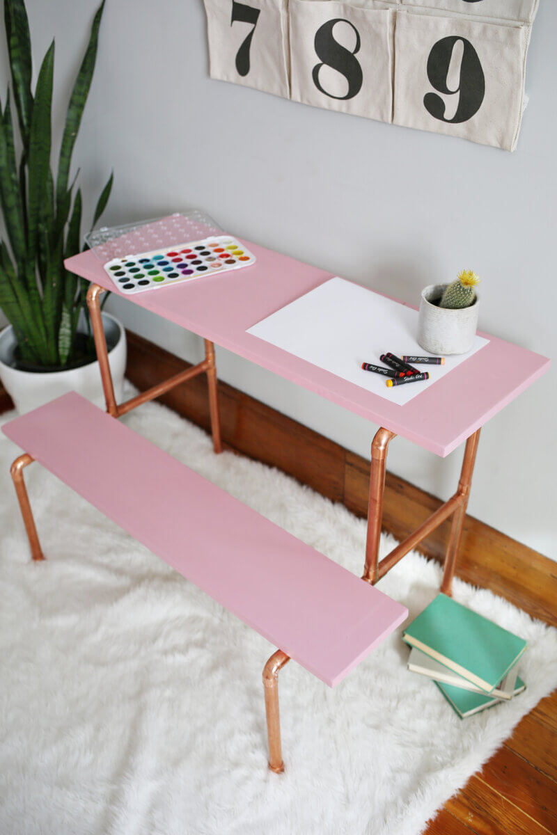tiny DIY desk with copper pipes